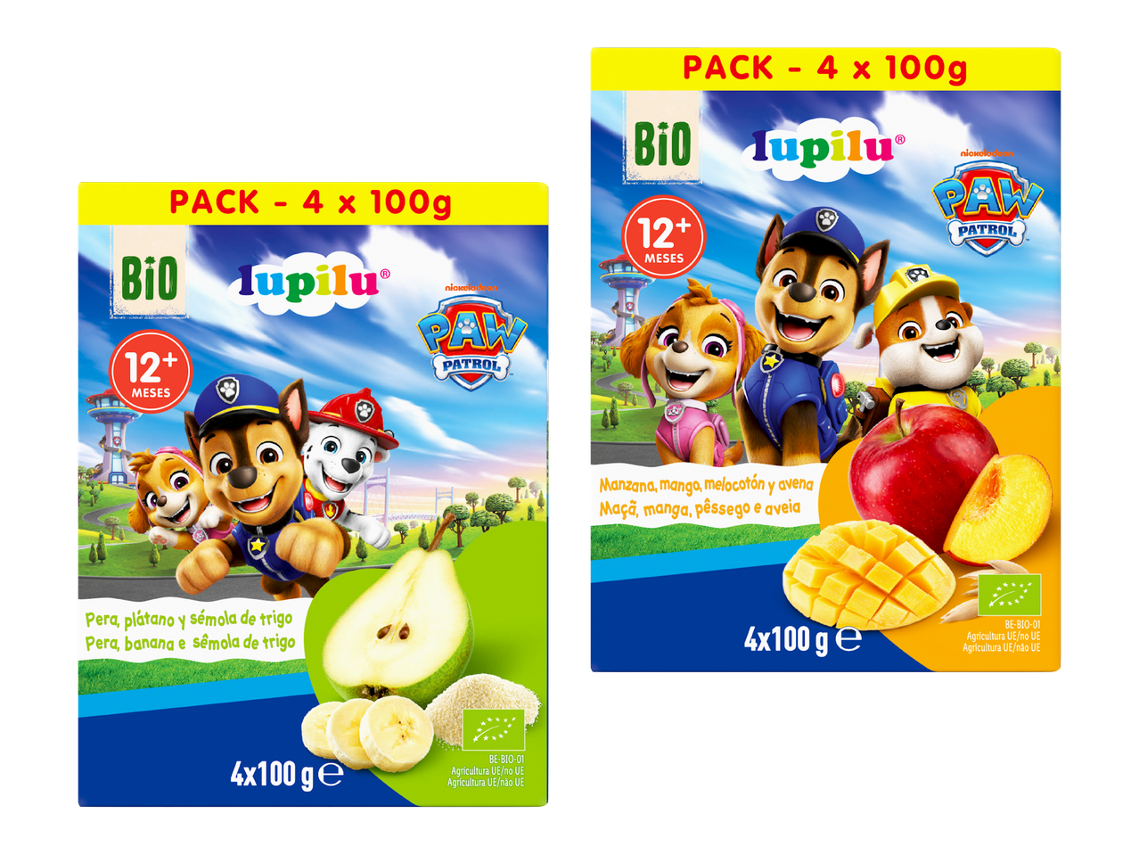 Kaksi pakkausta luomuhedelmäsosetta, joissa on Paw Patrol -hahmoja ja hedelmiä.