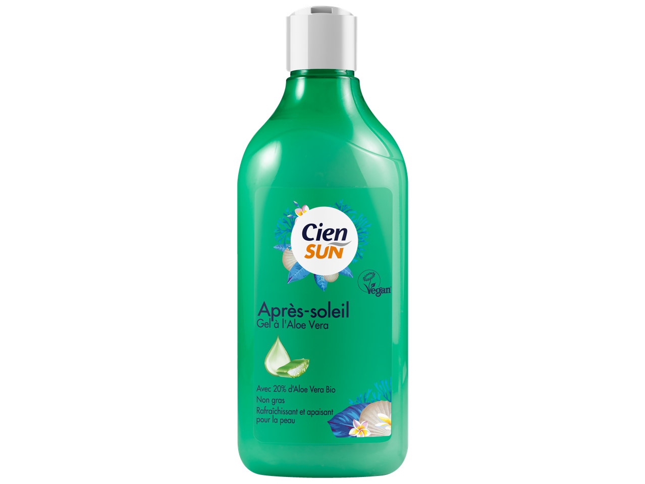 Gel après-soleil à l'aloe vera, non gras, rafraîchissant et apaisant pour la peau.