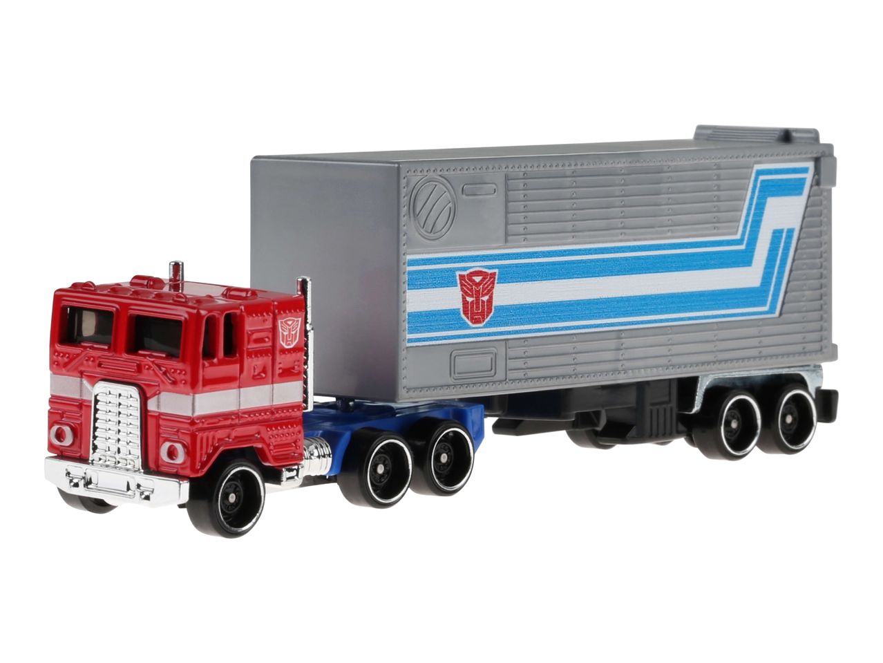 Red and grey toy truck with a trailer, featuring the Transformers Autobot logo.