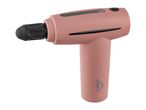 Pink massage gun with a black massage head and a display showing battery and intensity levels
