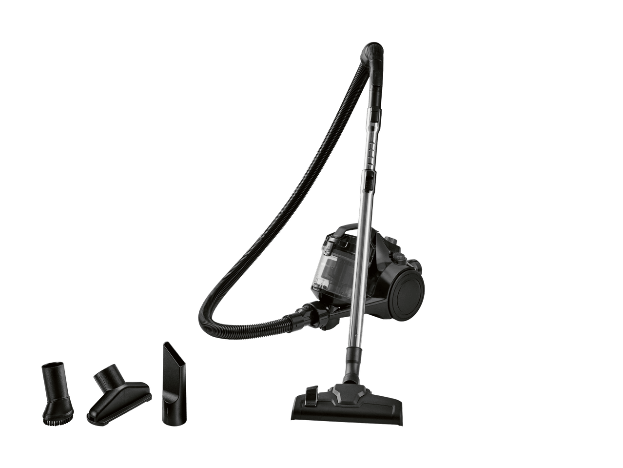 Schwarzer Zyklon-Staubsauger mit flexiblem Schlauch, Teleskoprohr und Bodendüse, mit drei Zubehörteilen.