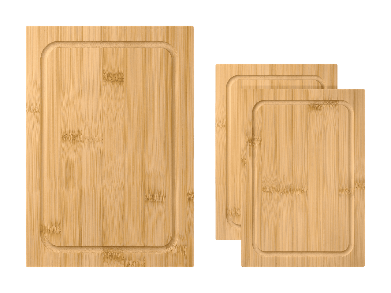 Bambus-Schneidebrett-Set mit Saftrille, ein großes und zwei kleinere.
