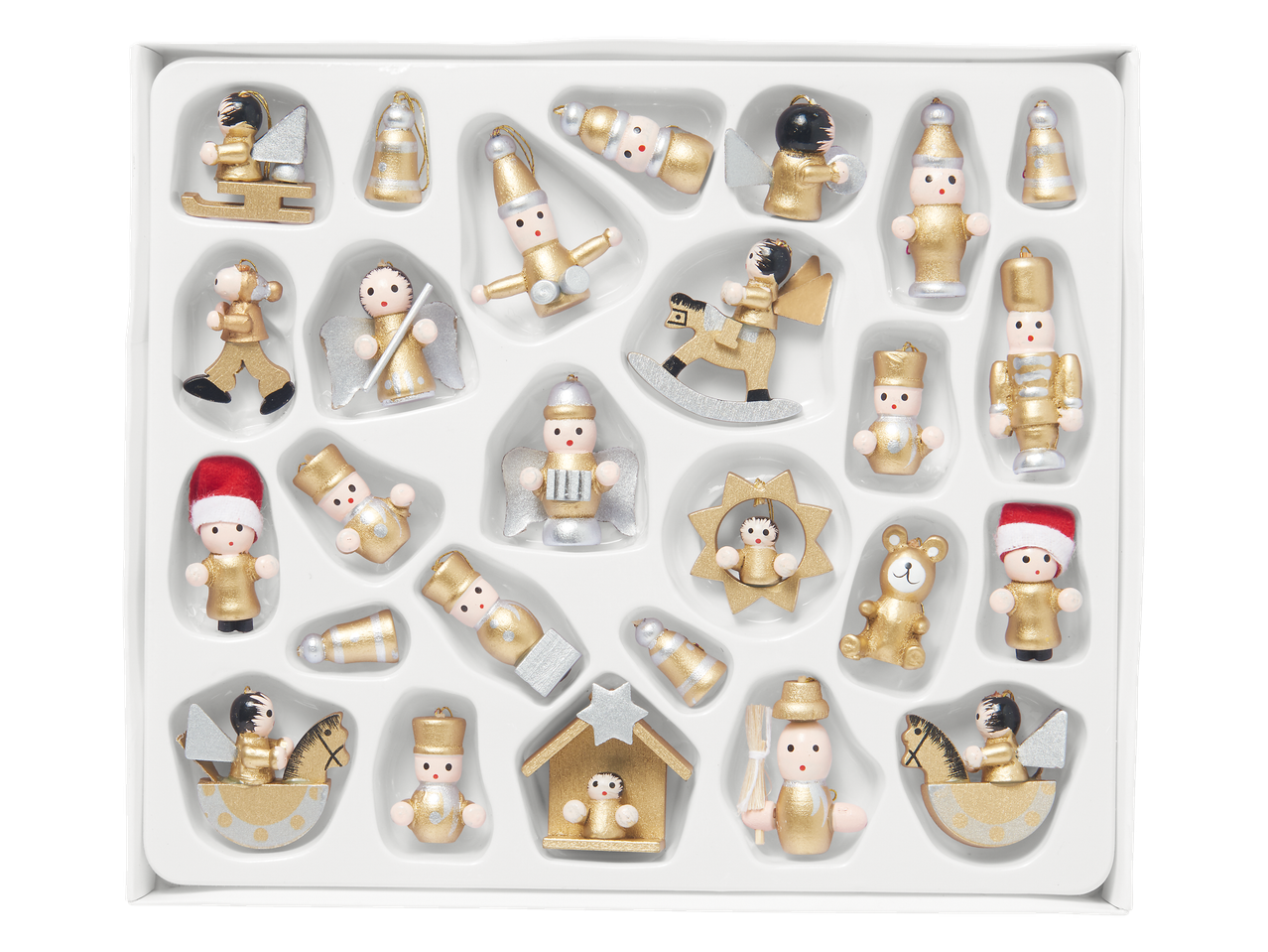 Livarno Home 20 dalių kalėdinių papuošalų rinkinys su figūrėlėmis, angelais ir gyvūnais aukso ir sidabro spalvos.