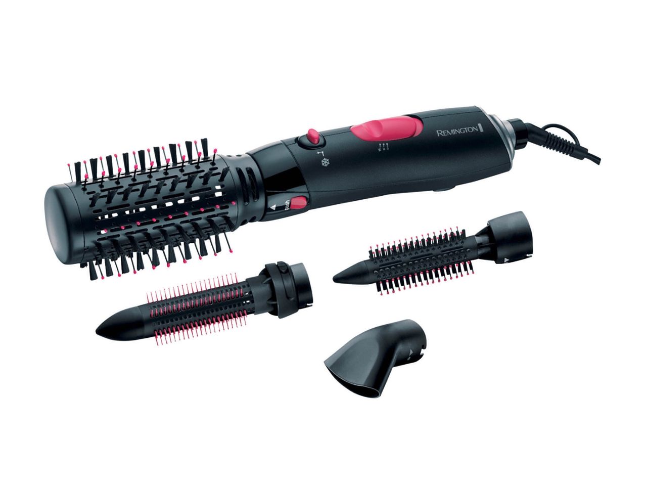 Un set di spazzole ad aria calda Remington nere con accessori intercambiabili e punte rosa.
