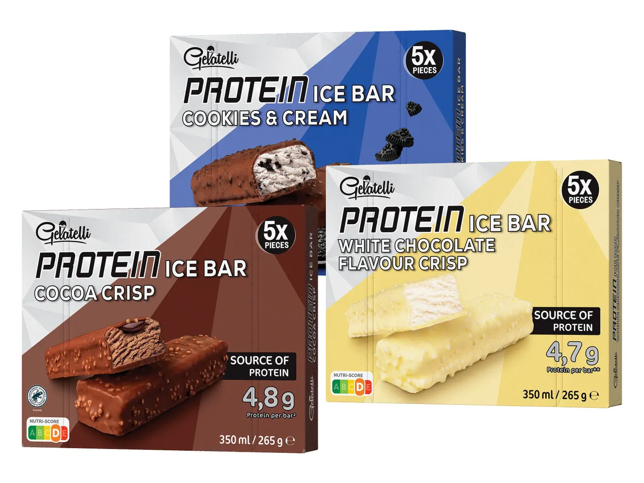 Tri škatle sladolednih lučk Gelatelli Protein Ice Bar v različnih okusih.