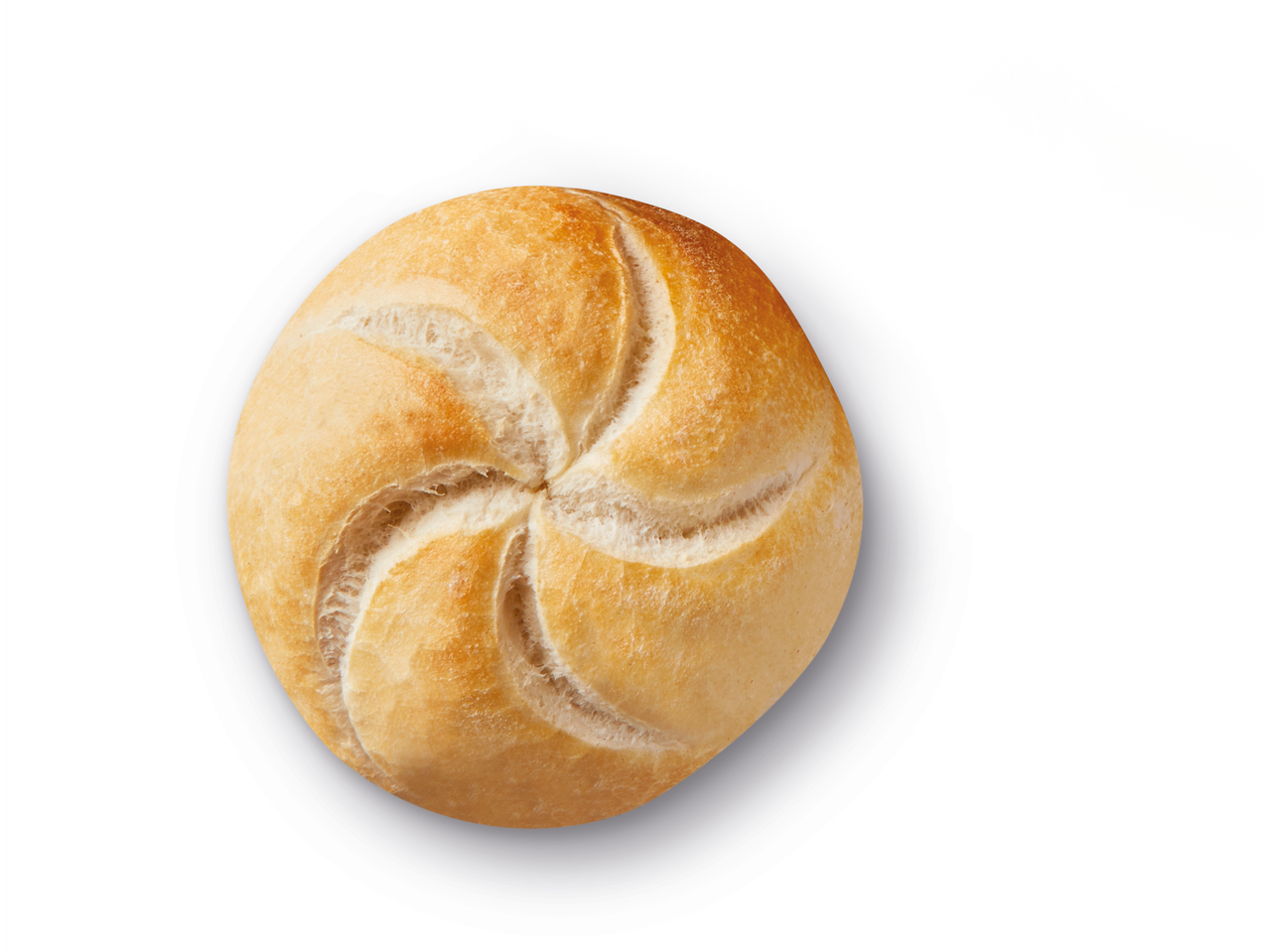 Ein goldbraunes Kaisersemmel auf weißem Hintergrund.