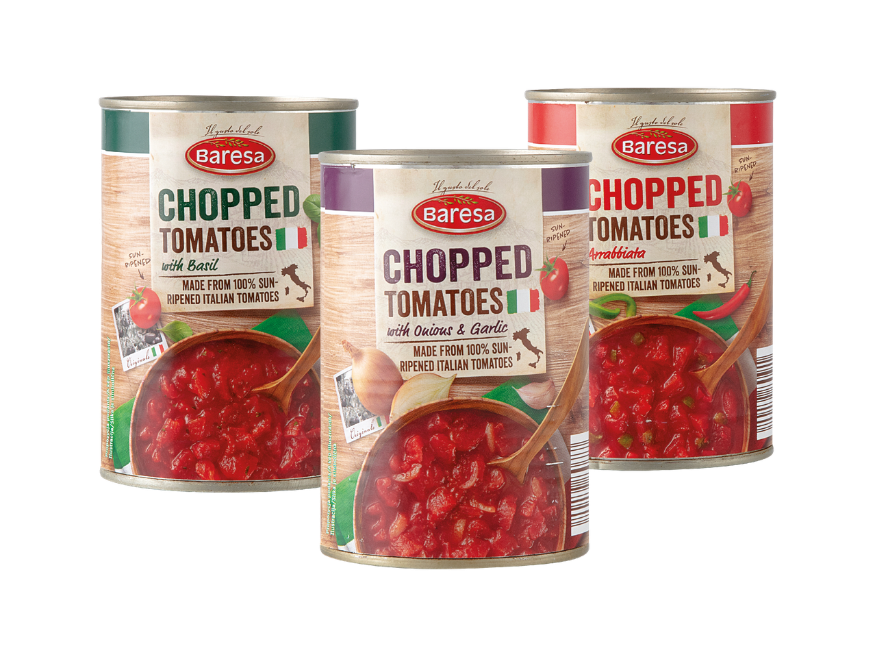 Tri limenke Baresa sjeckane rajčice s bosiljkom, lukom i češnjakom te arrabbiata.