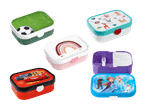 Madkasser med fodbold-, regnbue-, dyre-, Cars- og Frost-motiver.