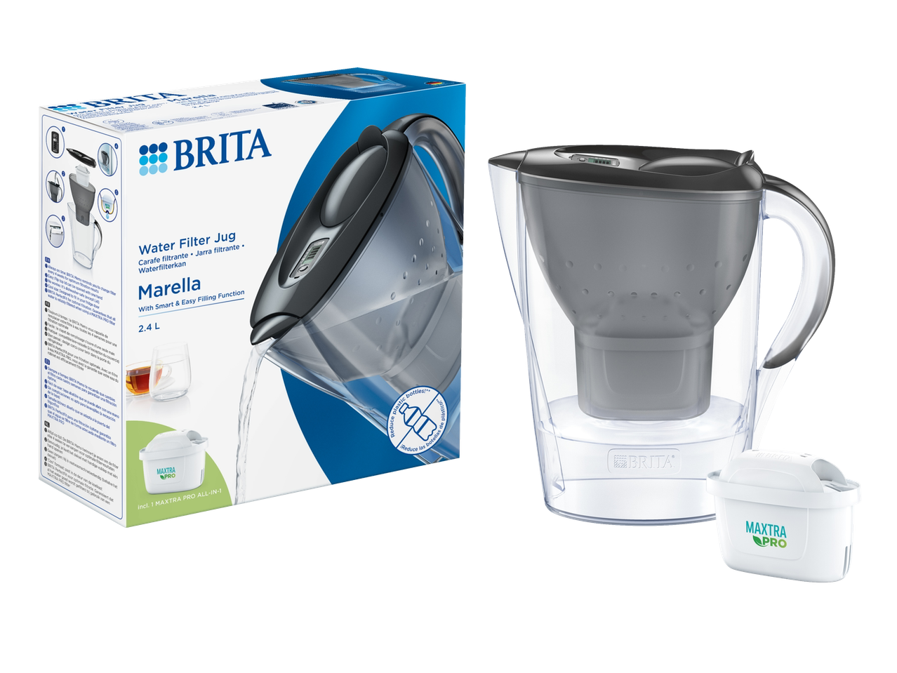 Water filter jug with a filter cartridge, shown next to its packaging.