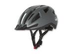 Grauer Fahrradhelm mit Visier und reflektierenden Streifen