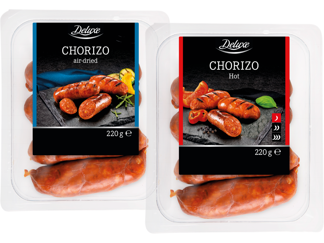 Två förpackningar Deluxe Chorizo, en lufttorkad och en stark.