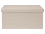 A rectangular, light beige, textured storage ottoman with a removable lid.