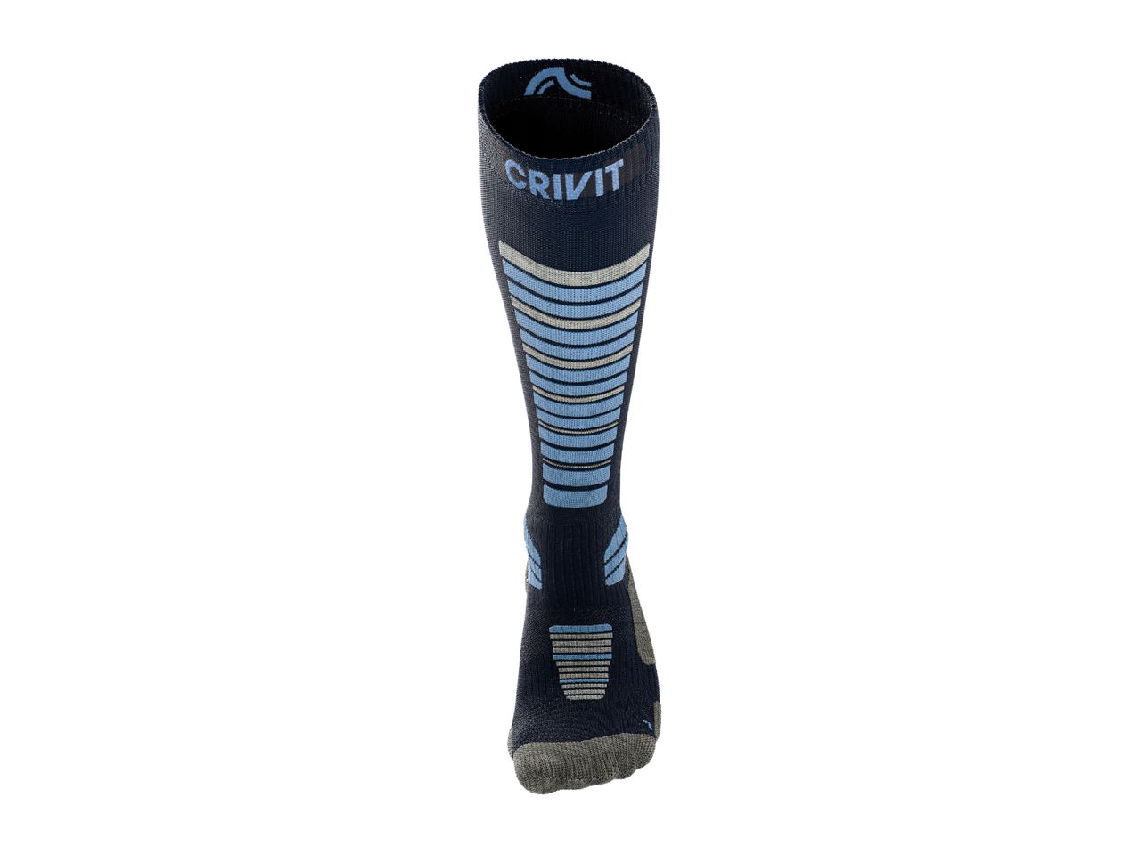 A single dark blue Crivit athletic sock with light blue and grey stripes.