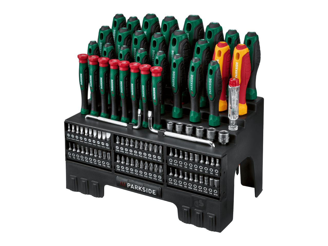 Parkside-ruuvimeisselisarja, jossa on erilaisia ruuvimeisseleitä, hylsyjä ja kärkiä mustassa telineessä.