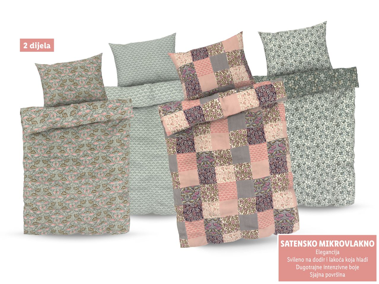 Posteljina od satenskog mikrovlakna s cvjetnim i patchwork uzorkom.