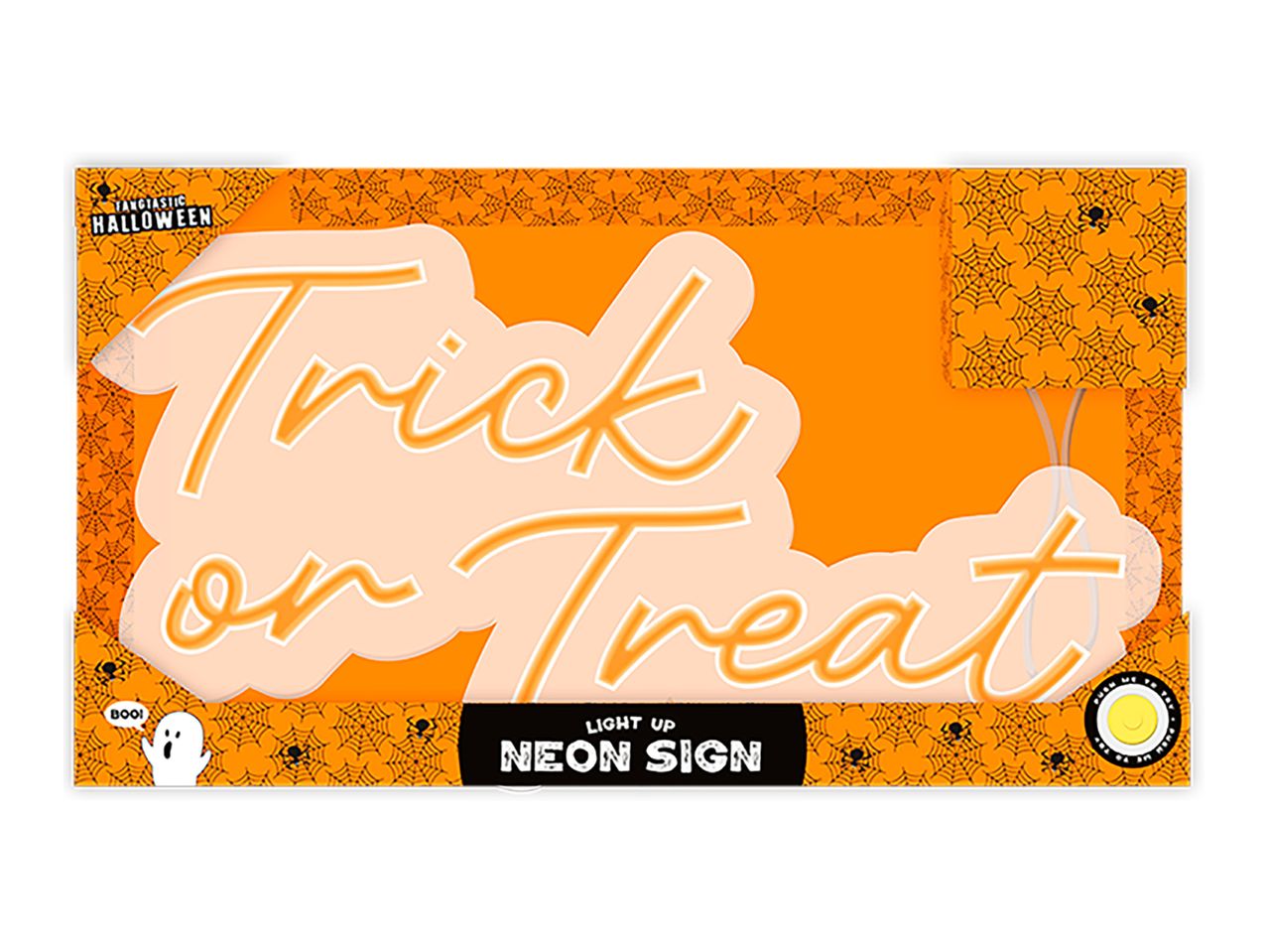 Halloween 'Trick or Treat' light-up neon sign in orange packaging with spiderwebs.