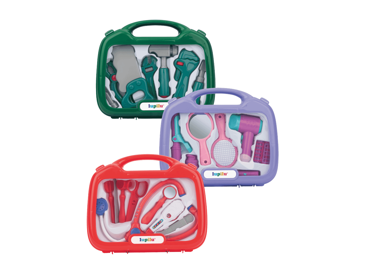 Trys „Lupilu“ žaislų rinkiniai: įrankių, grožio ir gydytojo, ryškių spalvų.