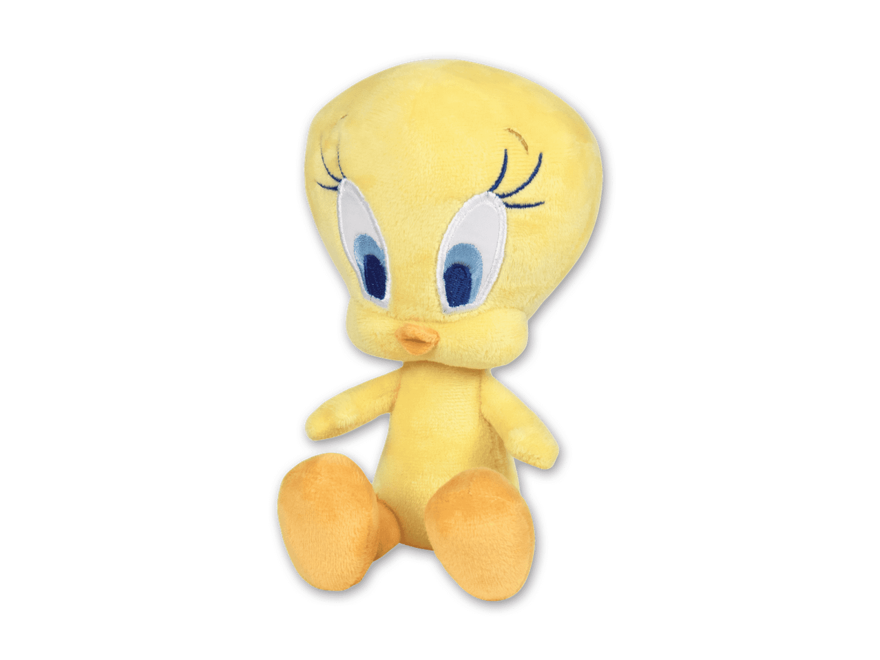 Ein gelbes Tweety Bird Plüschtier mit großen blauen Augen sitzt auf einem schwarzen Hintergrund.