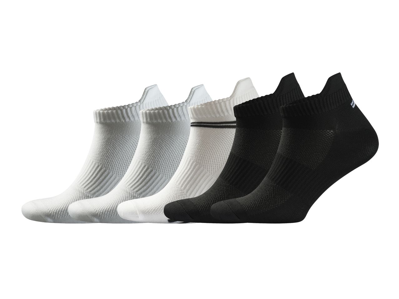 Five pairs of ankle socks in white, light grey, and black, with some featuring stripes.