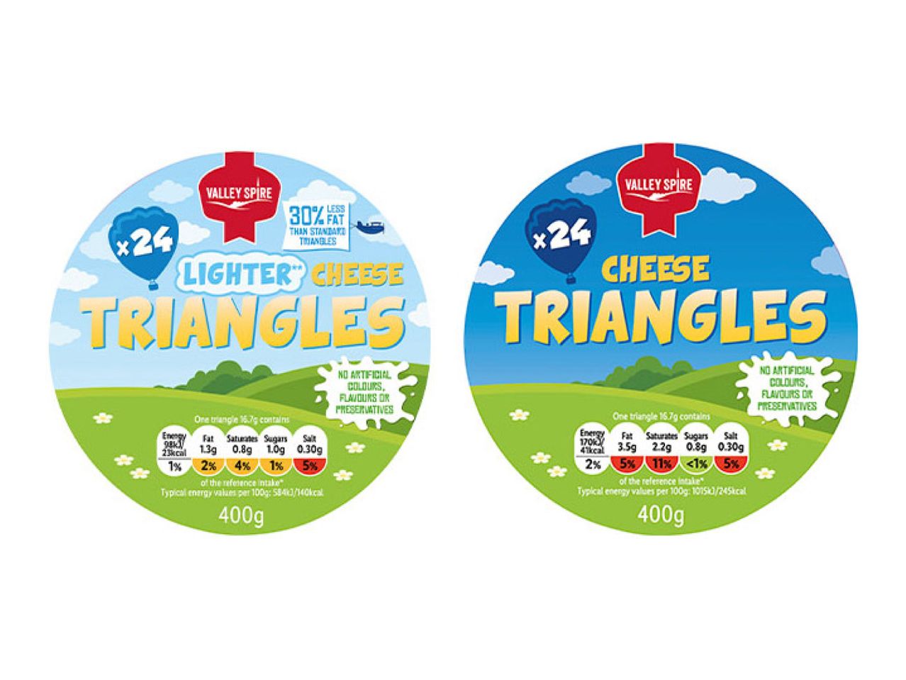 Two cheese triangle product labels, one for a lighter version and one for regular, both 400g.