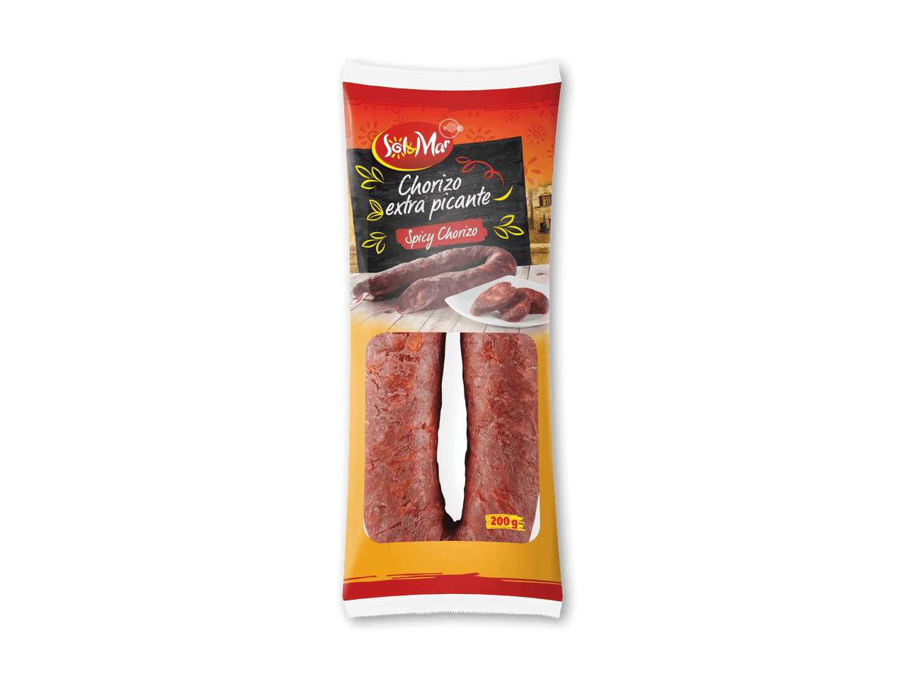 Pakke med krydret chorizo, der viser hele pølser og skiver, med teksten 'Chorizo extra picante' og 'Spicy Chorizo'.