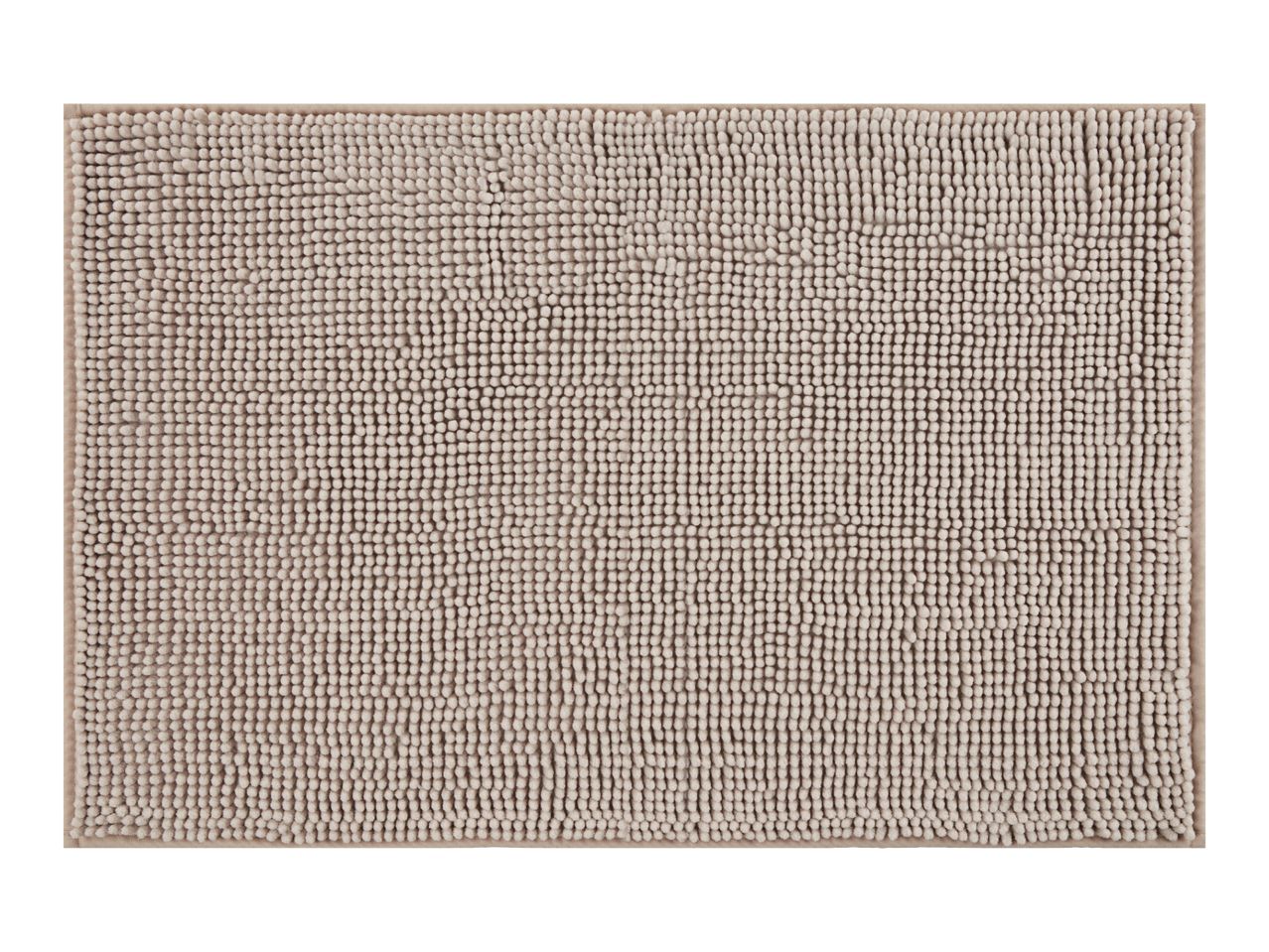 A beige, textured bath mat with a looped pile.