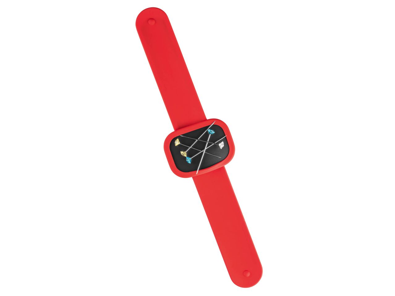 Red slap bracelet with a black face and colorful gem-tipped pins.
