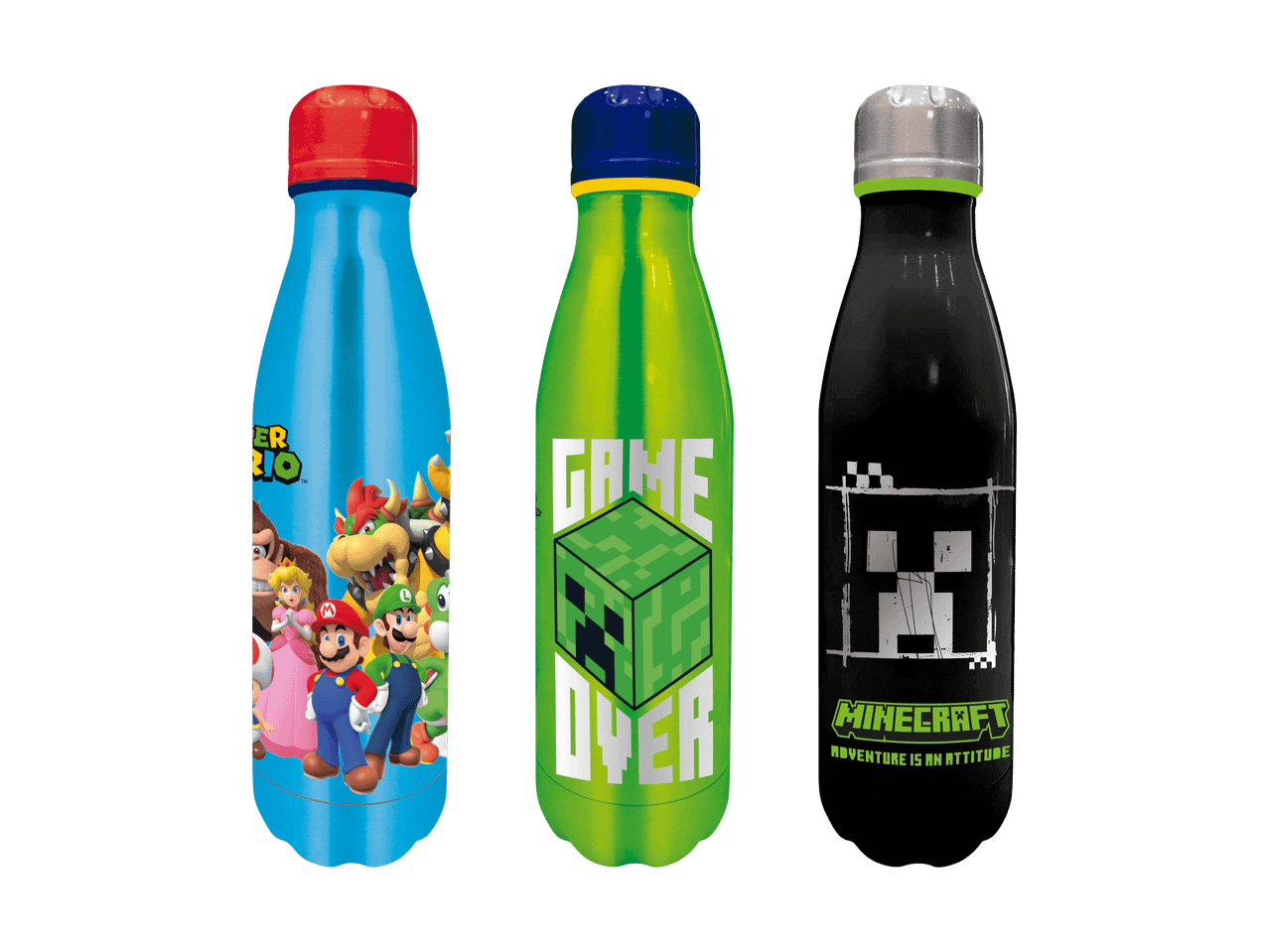 Trois gourdes avec des motifs Super Mario, Game Over et Minecraft.