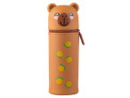 Estojo castanho com cara de urso e estampado de limões