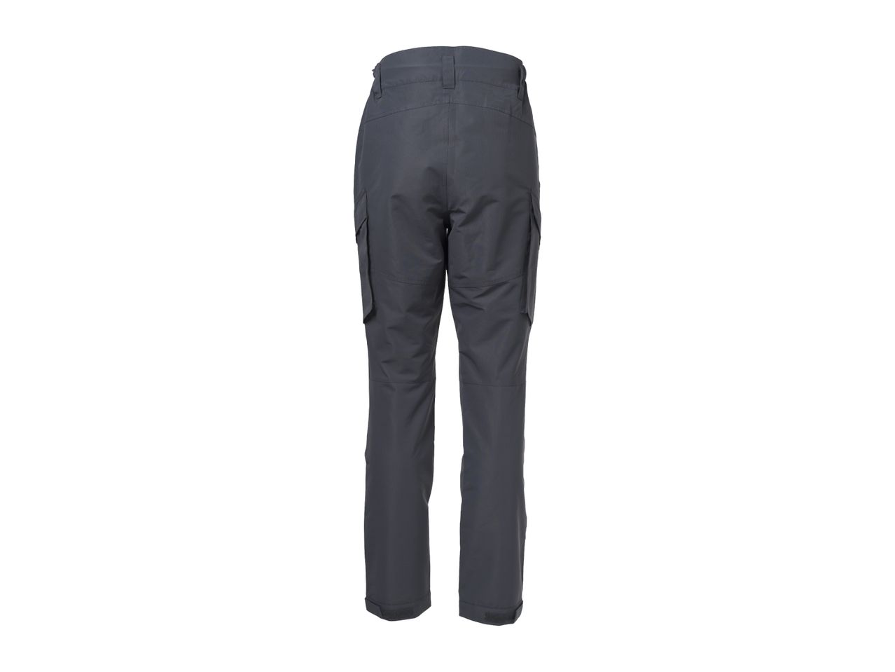 Dark grey cargo trousers with side pockets and adjustable cuffs, back view.