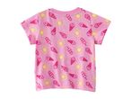 Pink short-sleeved t-shirt with a pattern of yellow suns and pink ice cream cones and popsicles.