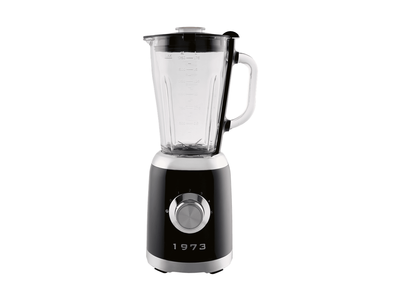 Schwarzer Standmixer im Retro-Design mit der Aufschrift 1973 vor schwarzem Hintergrund.