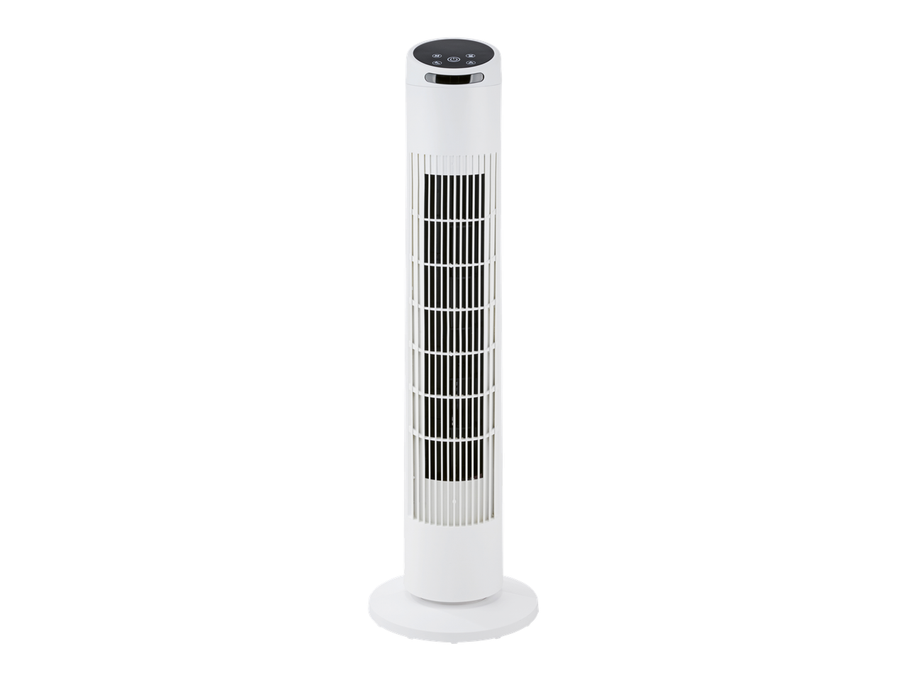 Valge TRONIC tornventilaator LED-ekraani ja ülemise juhtpaneeliga.