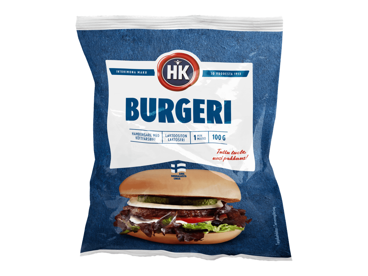 Pakkauksessa burgeri, jossa on pihvi, salaattia, tomaattia ja suolakurkkua.