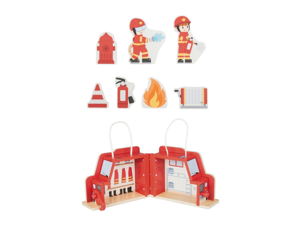 Wooden firefighter playset with two firefighters, a fire hydrant, cone, extinguisher, fire, and fire truck