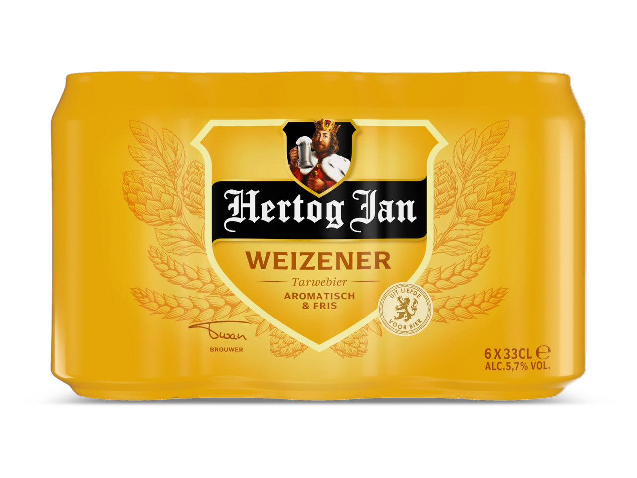 Een geel 6-pack weizenbier in blikjes van 33 cl.