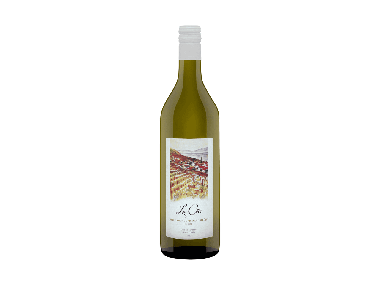 Flasche Weißwein mit einem Etikett, das eine Dorf- und Weinbergslandschaft zeigt.