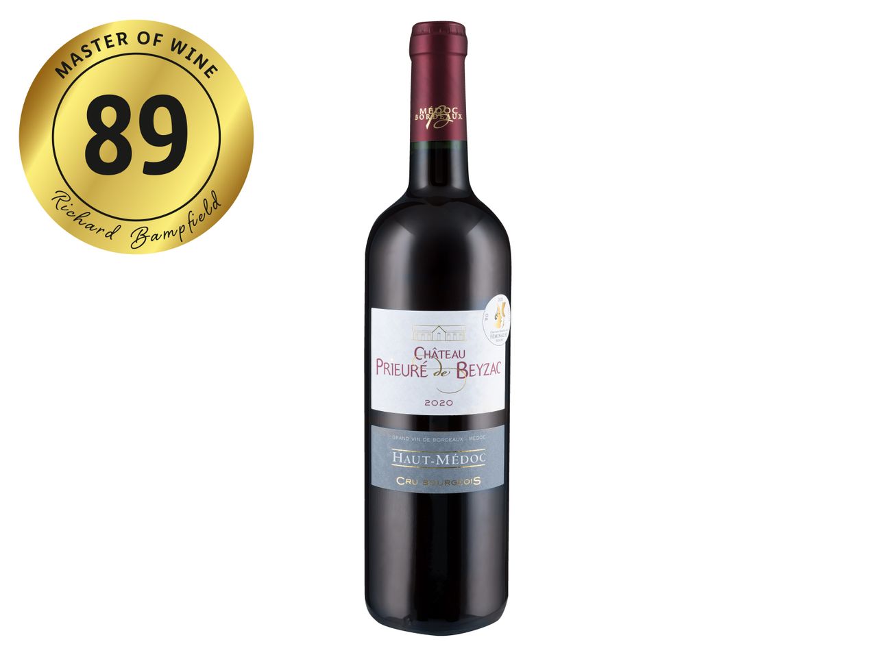 Château Prieuré de Beyzac 2020 Haut-Médoc Cru Bourgeois wine bottle with 89 points rating.