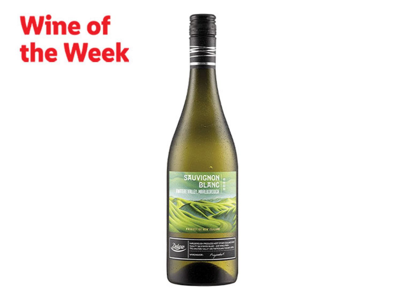 A bottle of white wine with a green label, next to red text that reads 'Wine of the Week'.