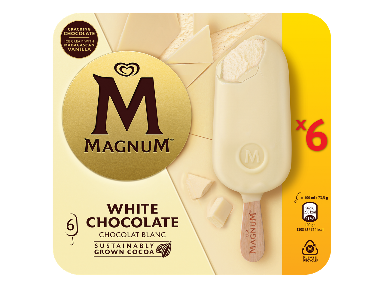 Verpakking van zes witte chocolade-ijsjes op een stokje.