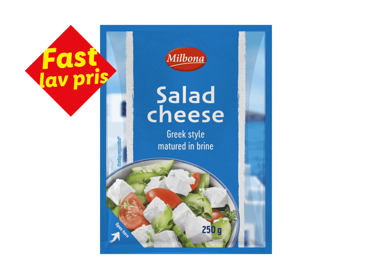 Salatost i græsk stil, modnet i saltlage, 250g, med et rødt mærke der siger 'Fast lav pris'.