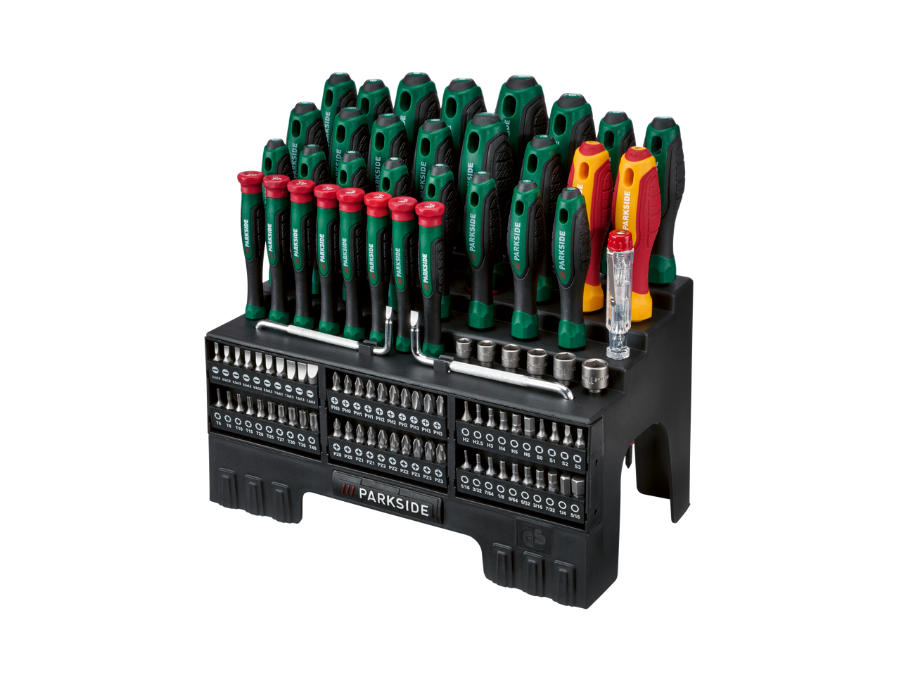Комплект отвертки и битове Parkside с различни размери и видове.