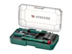 A Parkside precision screwdriver set with various bits and tools in a green and clear case.