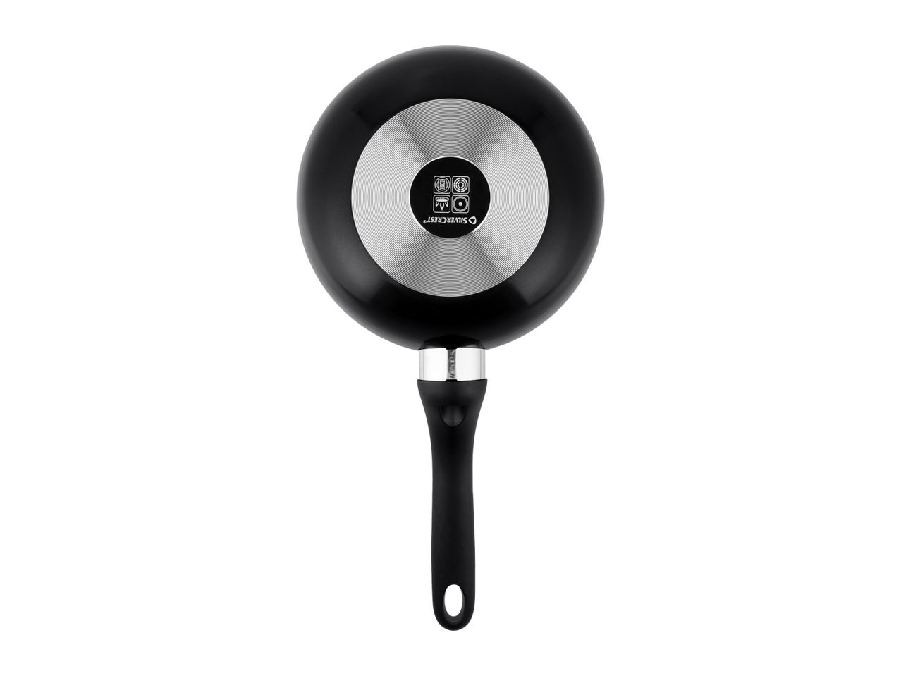 Black frying pan with a silver base and a black handle, viewed from the bottom.