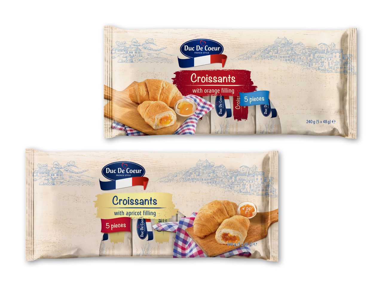 To pakker croissanter, en med appelsinfyld og en med abrikosfyld, begge med 5 stykker.