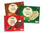 Trije paketi sladoleda Optima: slana karamela, bela čokolada z meto in panna cotta.
