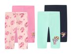 Fire par leggings til børn i lyserød, pink, mintgrøn og mørkeblå med hundemotiver.