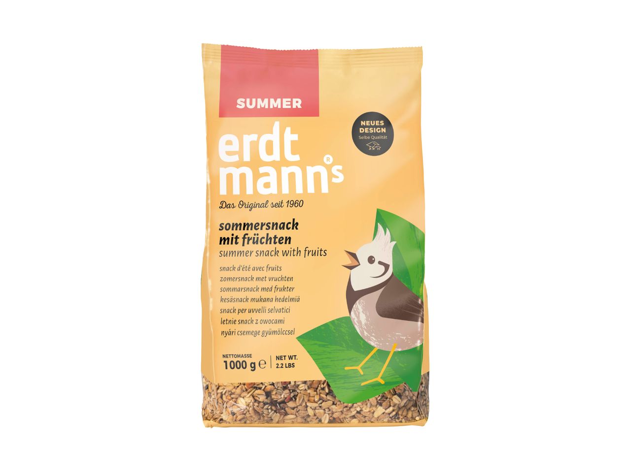 Bird food bag with a summer snack with fruits, featuring a bird illustration and new design label.