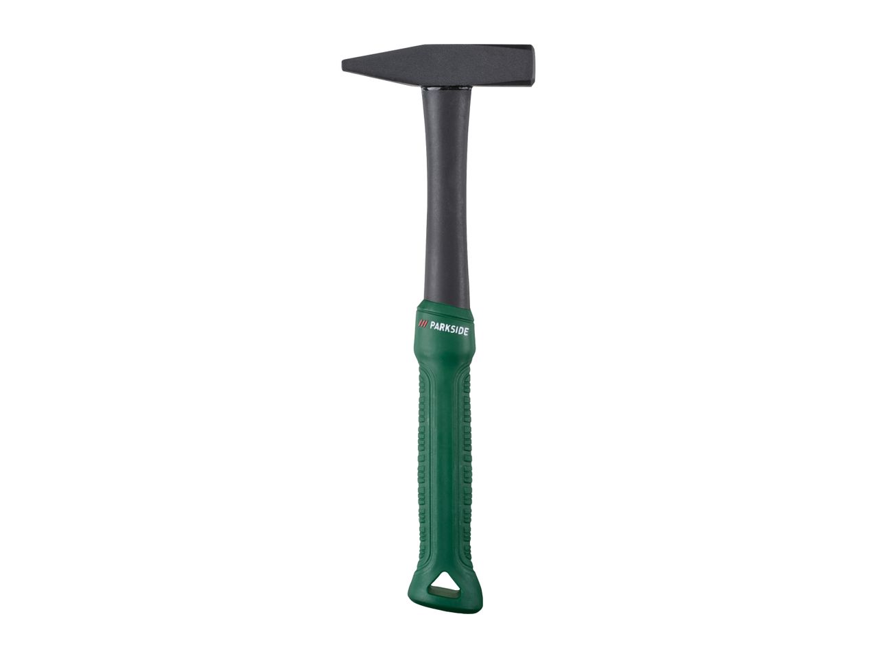 Black hammer with a green handle and textured grip