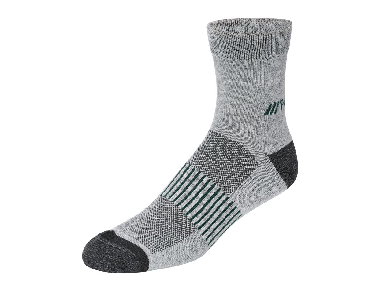 A single gray sock with dark gray accents on the heel and toe, and green stripes on the sole.